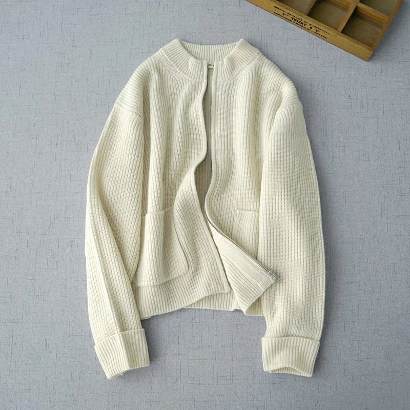 

Autumn Winter New Women All-match Japan Style Knitted Olive Warm Comfy Cozy Knitting Wool Zipper Opening Sweaters Cardigans Coat