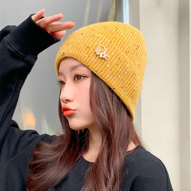 

Autumn Winter Women Fashion Knitted Hat Alphabet Rhinestones Decorate Beanie Comfortable Elastic Plus Velvet Keep Warm Wool Cap