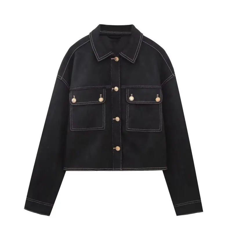 

Женская джинсовая куртка, винтажная однобортная короткая куртка с отложным воротником, топы, летняя уличная одежда с длинными рукавами и золотыми пуговицами и карманами