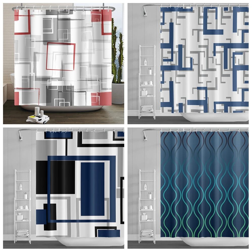 

Modern Geometric Pattern Shower Curtain Bathroom Bathtub Decoration Waterproof Polyester Bath Curtain Home Decor with Hooks