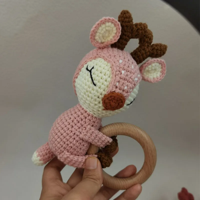 1pc BPA Free DIY Crochet Elk Fox Baby Teether Wooden Ring Rattle Newborn Teething Nursing Soother Molar Educational Toys - купить по