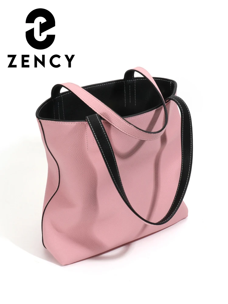 Zency Women's Genuine Leather Bag Double-sided Dual-use Shoulder Handbag Fashion Designer Bucket Tote Female Shopper A4 Laptop