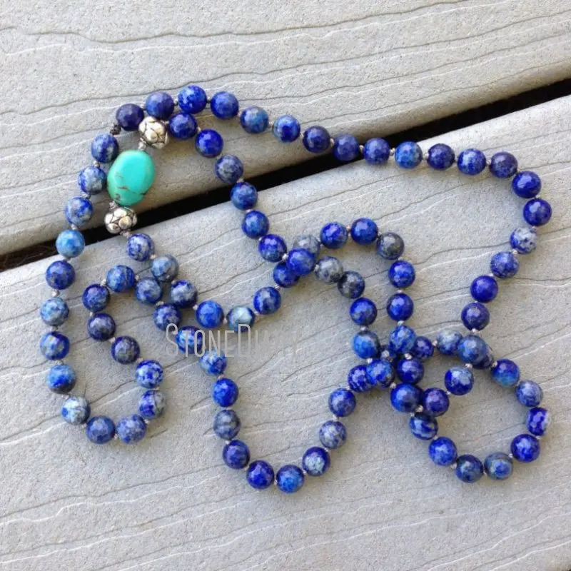 

NM20610 Natural Gemstone Lapis Lazuli Necklace Hand Knotted Long Round Beaded Necklace Bohemian Boho Layering Necklace