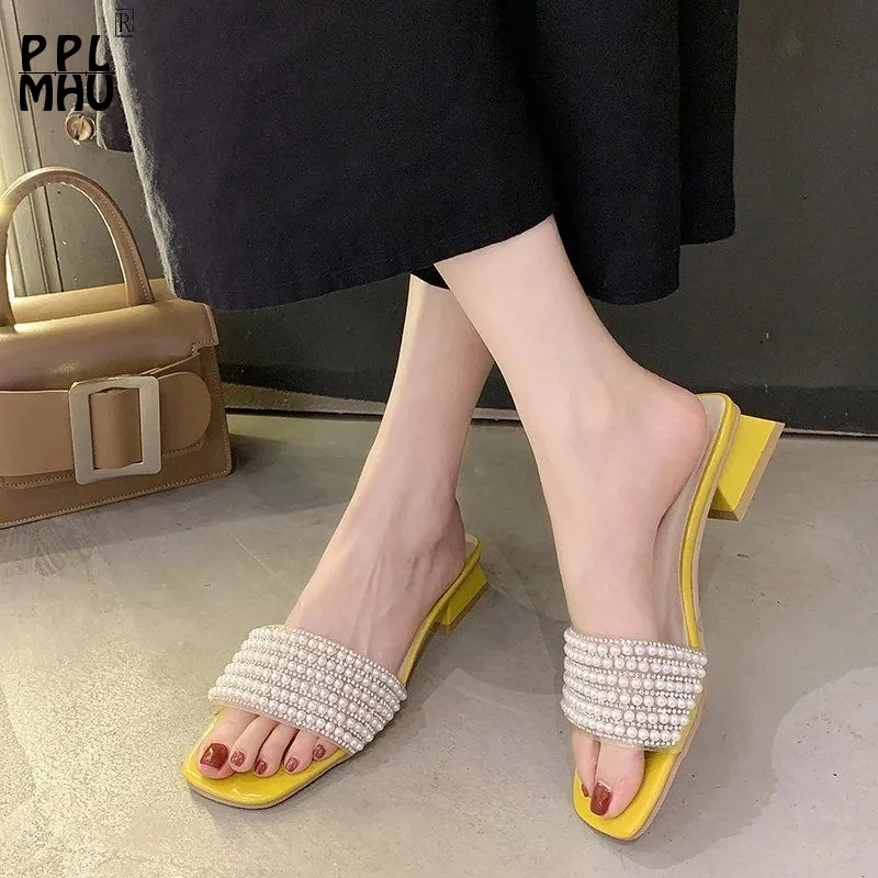 

Elegant Non-Slip String Bead Low-Heel Women Slippers Fashion Light Slip On Designer Slides Sweet Outdoor Summer Wedding Shoes