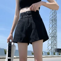 2022 new summer thin korean style loose black shorts women wild high waist denim shorts female casual double breasted jean short