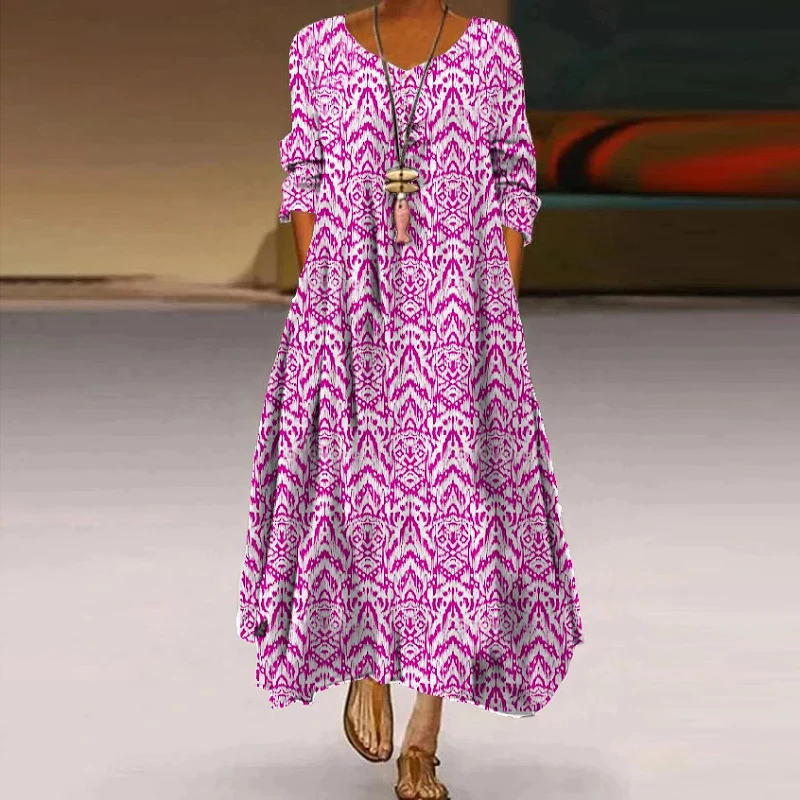 

Модное Вечернее Платье Бохо с круглым вырезом и карманами 2023, элегантное Свободное длинное платье с принтом, женское повседневное пляжное п...