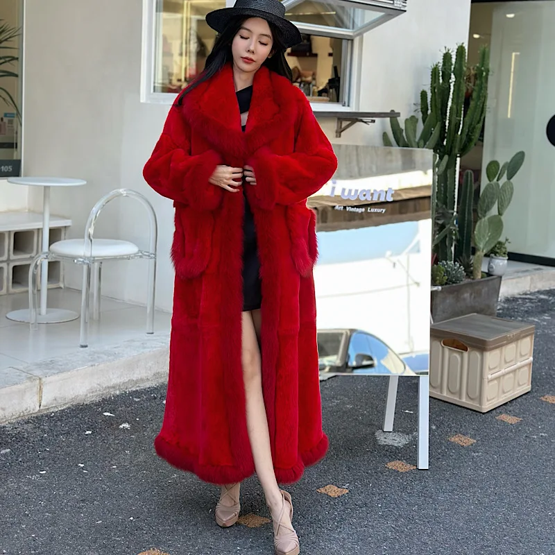 Женское длинное пальто из натур. Кожи зимнее натурального меха кролика рекс с