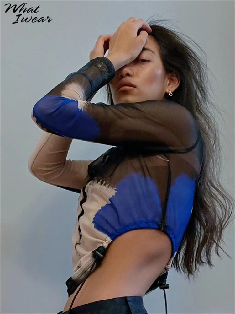 

Whatiwear Summer Sexy Mesh See through T Shirt Women O Neck Long Sleeve Slim Fashion Printing Street Casual Lady Crop Top New