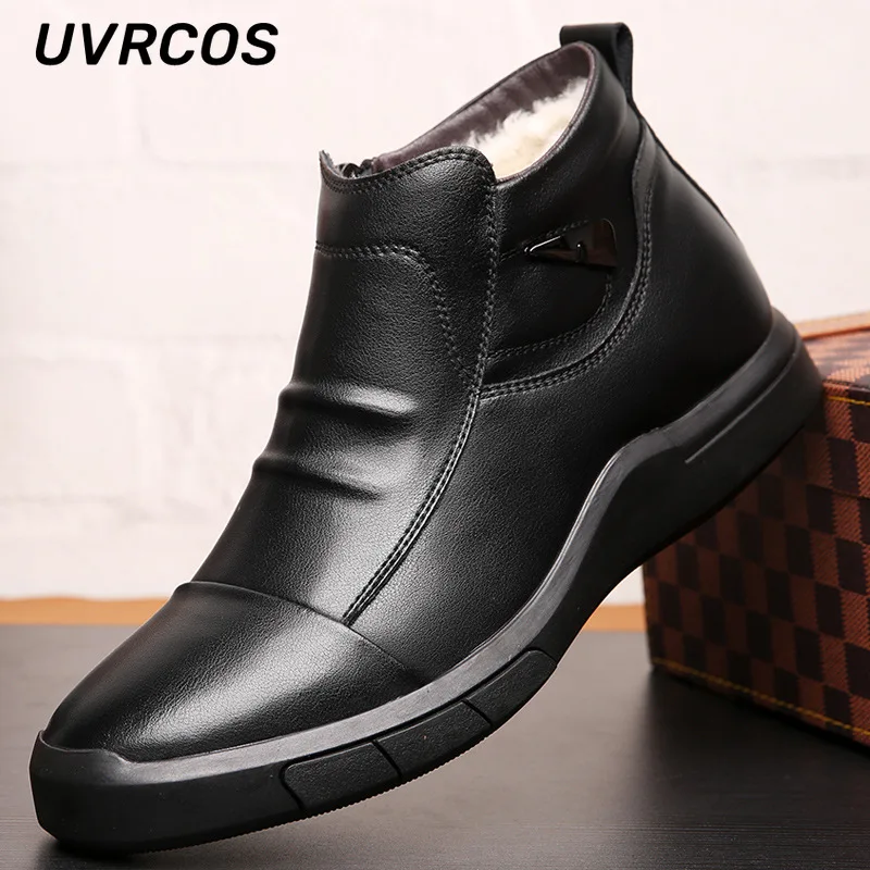 

Мужские зимние плюшевые кожаные ботильоны с высоким верхом средней молнией зимняя теплая хлопковая обувь модные однотонные фабричные Новы...