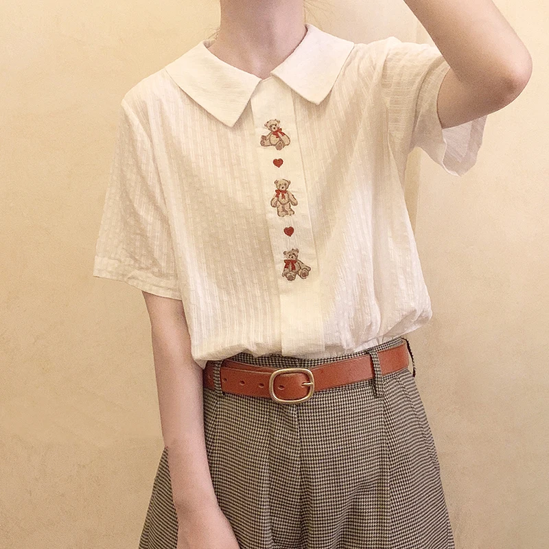

White Cotton Shirt for Sweet Girl Cute Bear Heart Embroidery Peter Pan Collar Short Sleeve Loose Shirts Kawaii Clothes