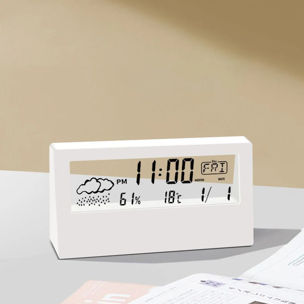 

LCD Electric Desk Alarm Clock White Calendar Digital Temperature Humidity Modern Weather Station Alarm Clock For Desktop Home