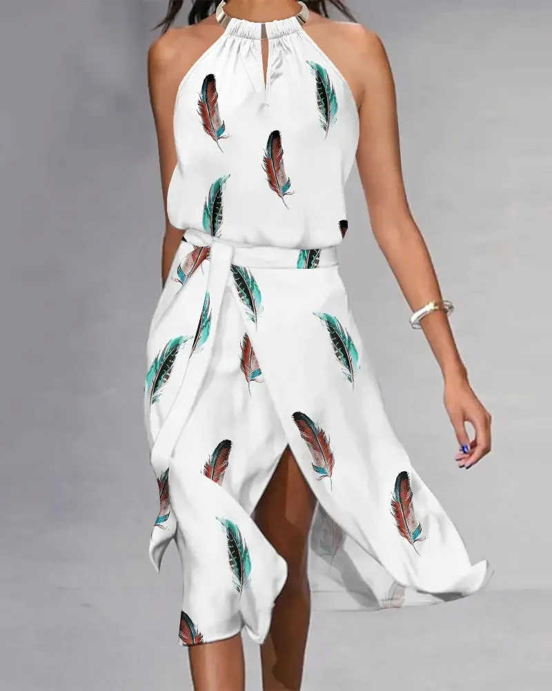 

2023 Women's hanging neck temperament Leaf print art sleeveless waist sexy split dress
