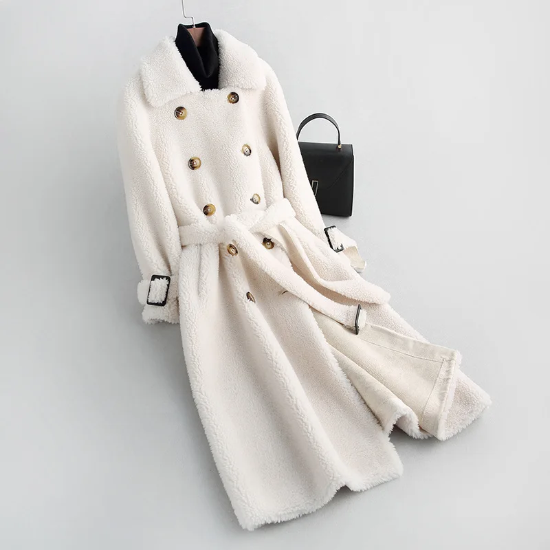 Real Fur Coat Women Jacket 2022 New Winter Clothes Sheep Shearing Double Breaste Thick Long Wool Parkas Belt Elegant Female Tops