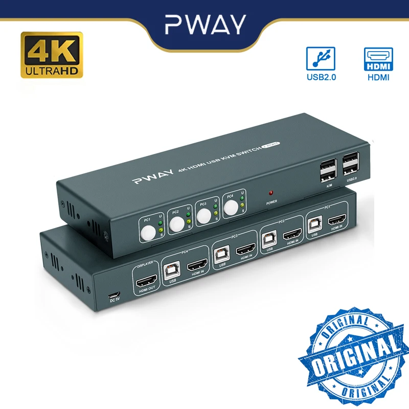 Переключатель PWAY KVM HDMI 4 в 1, поддерживает до 4K @ 30 Гц, четыре устройства, переключатель клавиатуры и мыши
