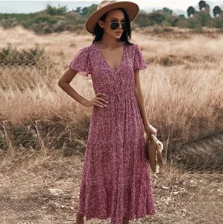 

2022 Dot Print Ruffles Summer Dress Women Casual V Neck Draw String Button Dress For Woman Vintage White Dresses vestidos