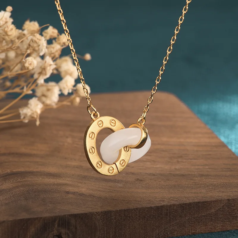

New Palace Design Ancient Method Gold Synthetic Hetian Jade Ring Necklace White Interlock Pendant Women Clavicle Chain Necklaces