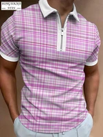 fashion mens polo shirts short sleeve tops summer male casual zip up turn down collar vintage brand slim printed striped shirt