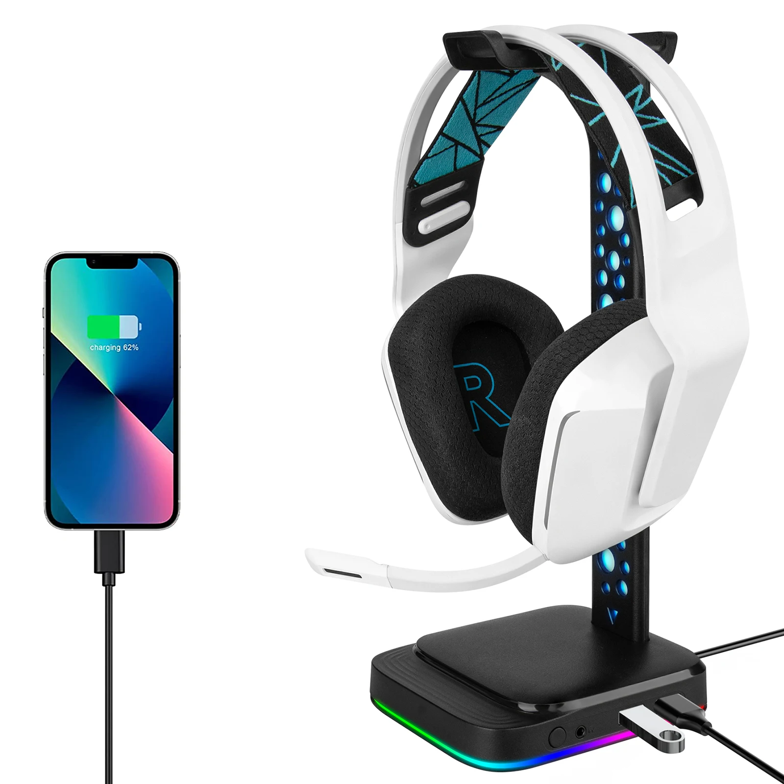 

Geekria RGB Headphone Holder Universal 2 USB Charger Ports Headset Stand Bluetooth Earphone Hanger Supporting Bar Flexible