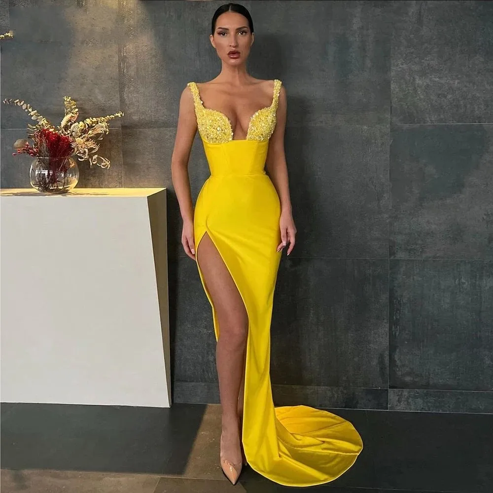 

Sexy Bright Yellow High Split Evening Dresses Straight Long Prom Gowns Sparkle Sequined Formal Party Dresses