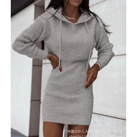 womens dress spring and summer fashion solid color high waist slim dress womens sexy long sleeve hooded pullover dress