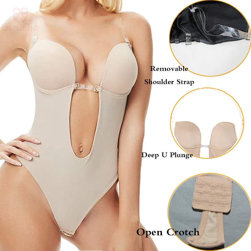 Women's Backless Shapewear Deep V Bodysuit U Plunge Seamless Thong Low Back Body  Shaper Bra(Nude,XL-38/85B) 