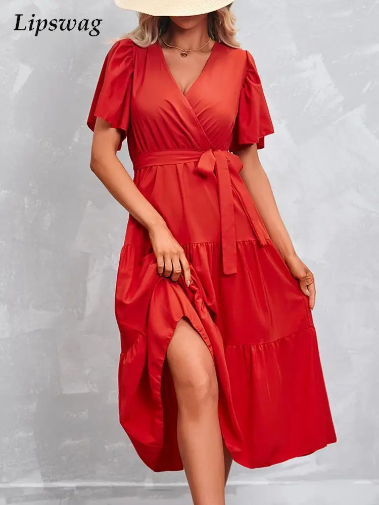 

Женское элегантное пляжное платье, элегантное однотонное платье с коротким рукавом, высокой талией и шнуровкой, летнее модное шикарное пла...