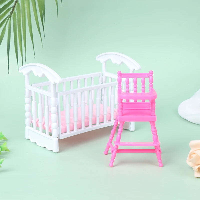 

1Set Doll House Light Pink White Baby Doll Shaker Toy Accessories Dining Chairs Bed Cradle Crib Doll House Accessories Decor