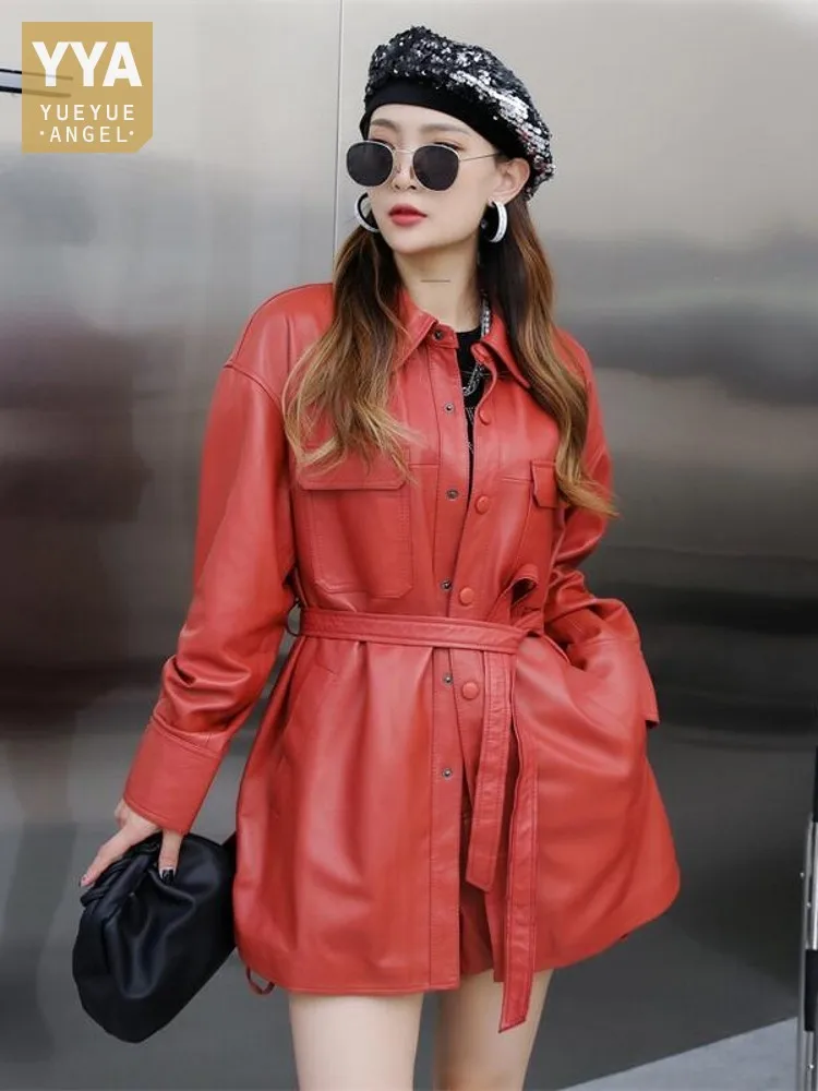 Модная женская однобортная куртка средней длины с поясом из натуральной кожи