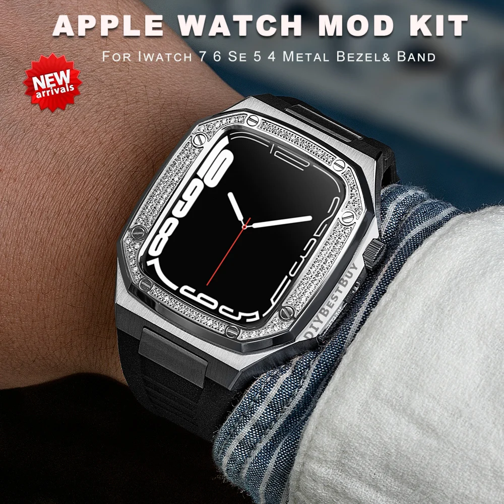 

Модифицированный комплект, металлическая рамка для Apple Watch, чехол и ремешок 7 6 5 4 3 41 мм 44 мм 45 мм, ремешок с рамкой для iWatch, женский роскошный