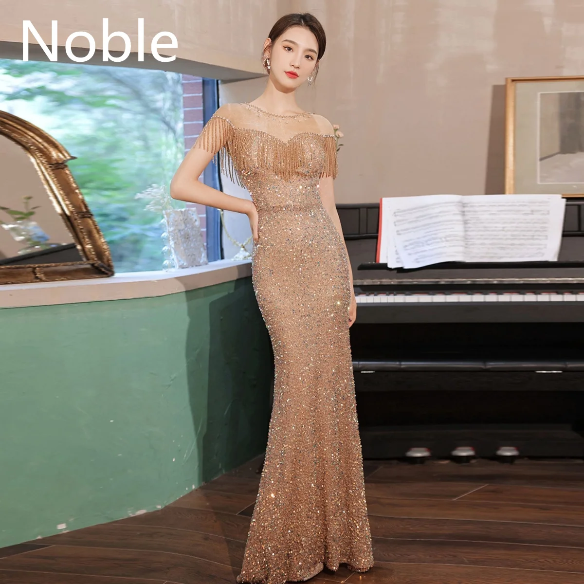 

5Noble Tassel Prom Sheath Gown Scoop Neckline Club Short Sleeve Cocktail Formal Party Lady Floor Length Evening Dress