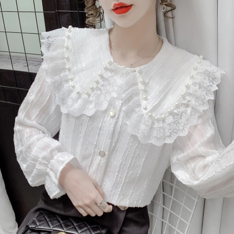 

Blusas Feminina Blouse Autumn New Beaded Peter Pan Collar Shirt Chiffon Long Sleeves Shirts Women Tops Y2k Clothes Camisas 581EP