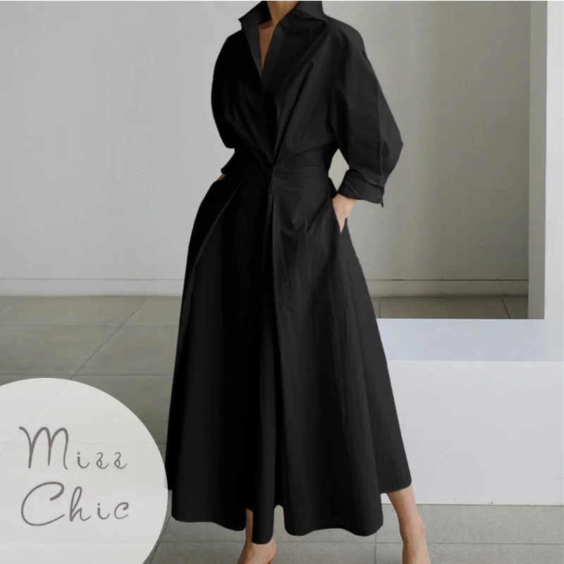 

S-5XL Korean Fashion Long Sleeve Shirt Dress Chic Turndown Neck Ruched Maxi Dress Women 2023 Autumn Winter Clothes Streetwear