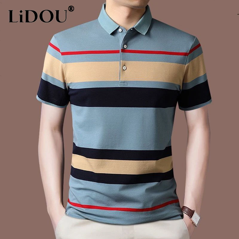

Summer New Stripe Patchwork Fashion Casual Polo Shirt Man Short Sleeve Cotton Button Gentmen Tops Business Pullover Male Clothes
