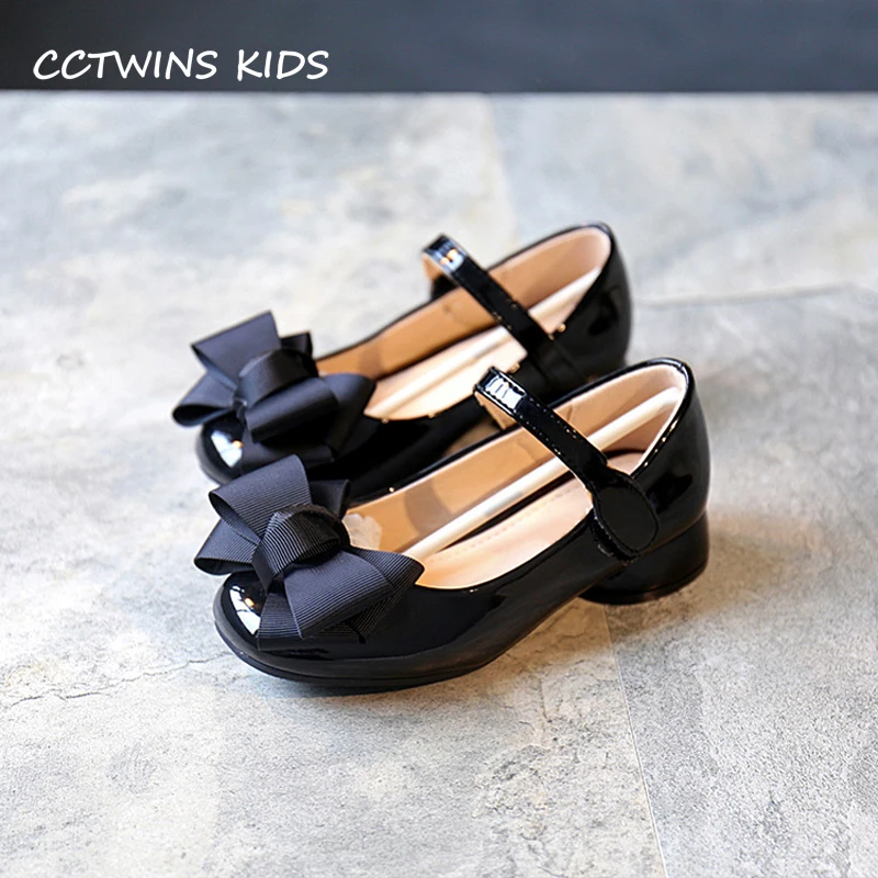 CCTWINS KIDS 2020 Baby Girl Party Princess Toddler Bow Pink Pu Leather Shoe Children Mid Heel Kid Fashion Black Shoe G1126