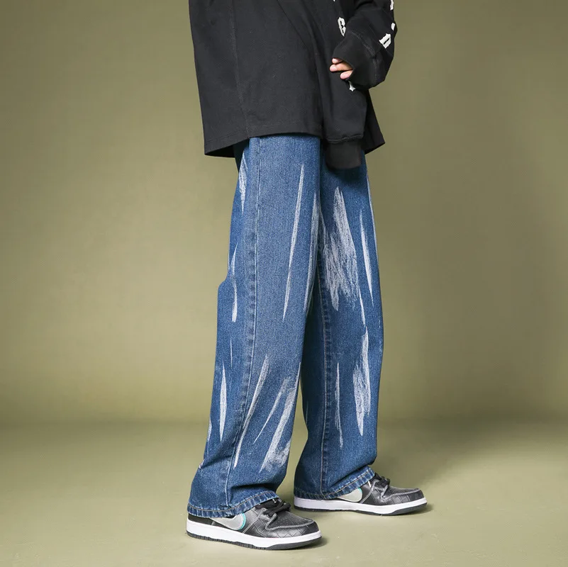 New Men's Jeans Men's Fall/winter Loose Straight Print High Street Wide-leg Pants Black Jeans Streetwear Men Wear штаны мужские