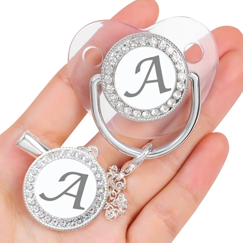 

Clear Silver 26 Initial Letter Baby Pacifier with Chain Clip Newborn Baby BPAFree Luxury Bling Dummy Soother Chupeta 0-12 Months