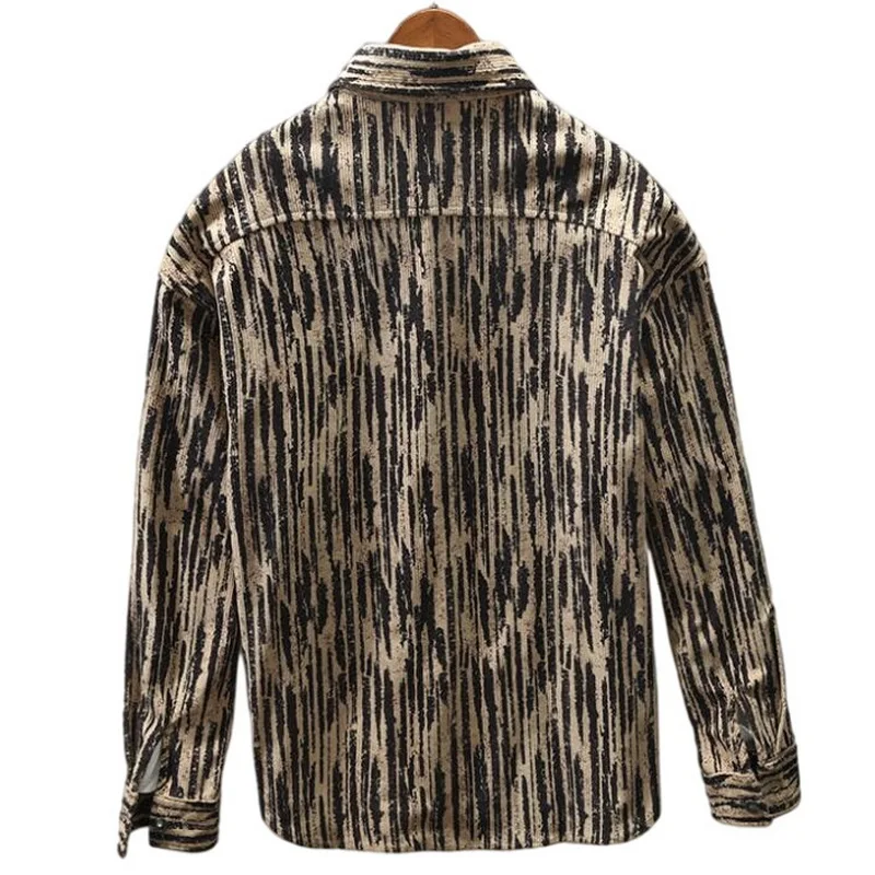 Street Retro Corduroy Shirt Outwear Autumn Winter Men Corduroy Shirt Striped Print Design Casual Long Sleeve Thick Shirts