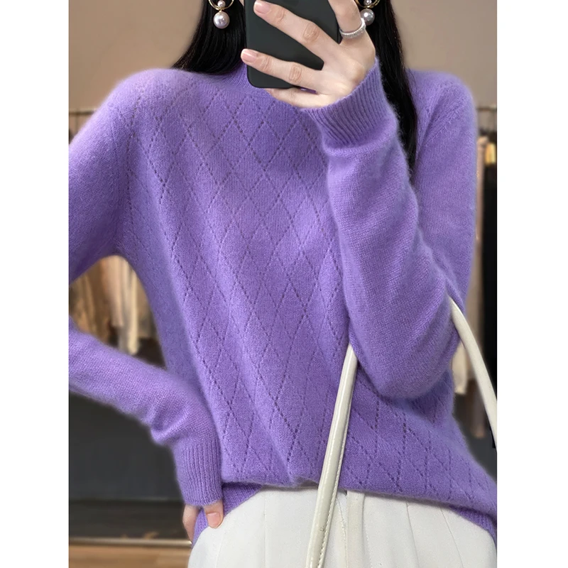 Autumn And Winter 2022 New Semi High Collar Diamond Twill Wool Sweater Women's Loose Pullover Sweater Versatile Bottoming Top