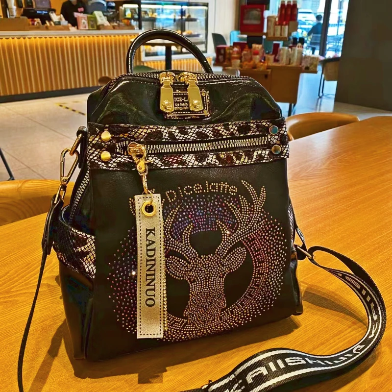 

Genuine Leather Women's Backpack Deer Print Ita Bag Shoulder Brand Designer Mochila Travel School Bags Anti Theft Backpack