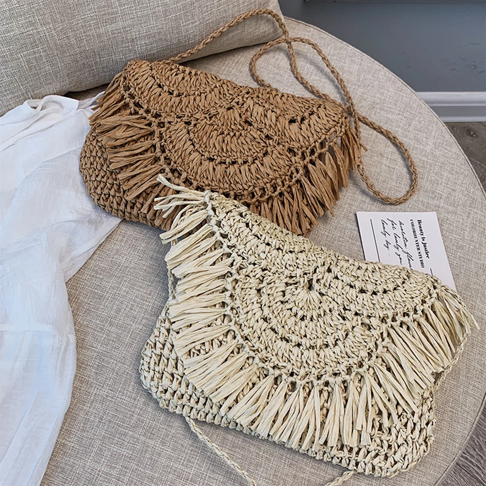 

Summer Beach Slim Flap Handbag Women Tassels Straw Rattan Weave Crossbody Bag Fashion Exquisite Shopping Bag