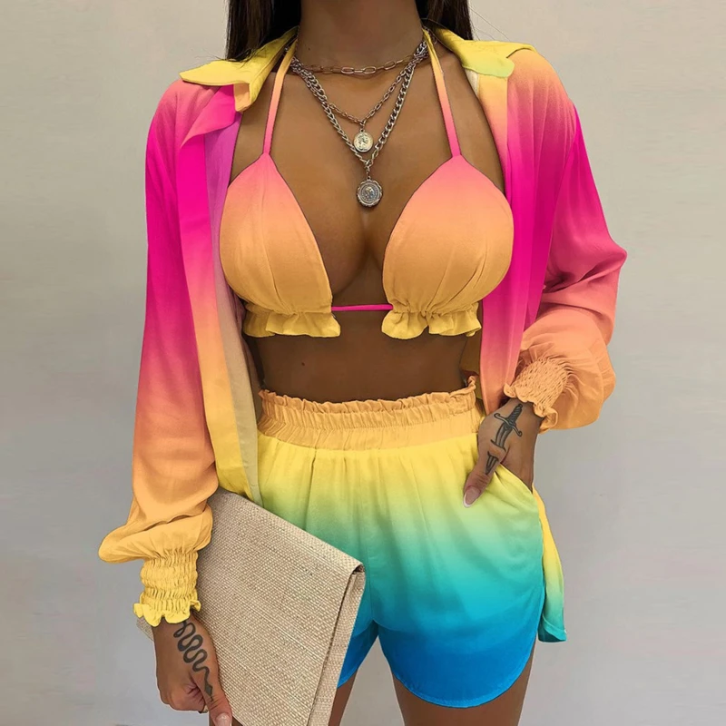 

Женский костюм-тройка в пляжном стиле, однотонный Повседневный пикантный костюм-тройка с принтом для отдыха, лето 2022