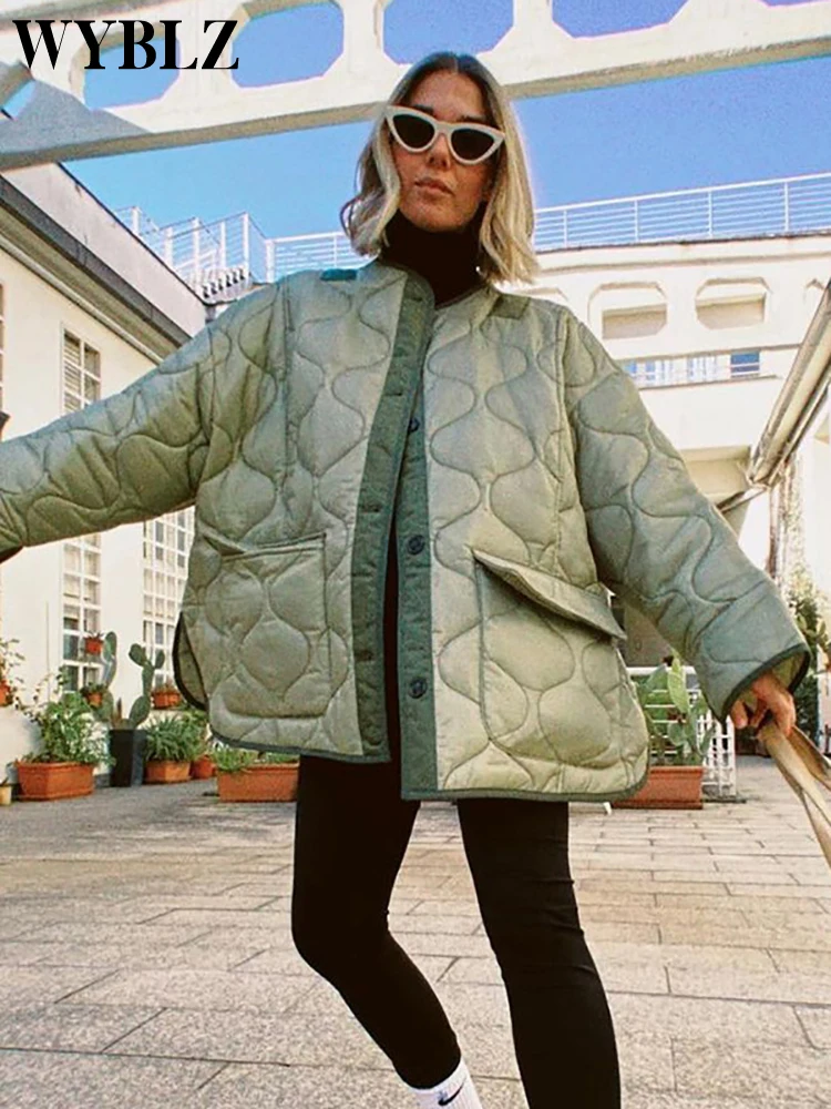 WYBLZ Autumn Winter Women's Loose Jackets Thin Parka Oversize Coats Round Neck Outwear Female Coats Long Sleeve Cotton Clothing