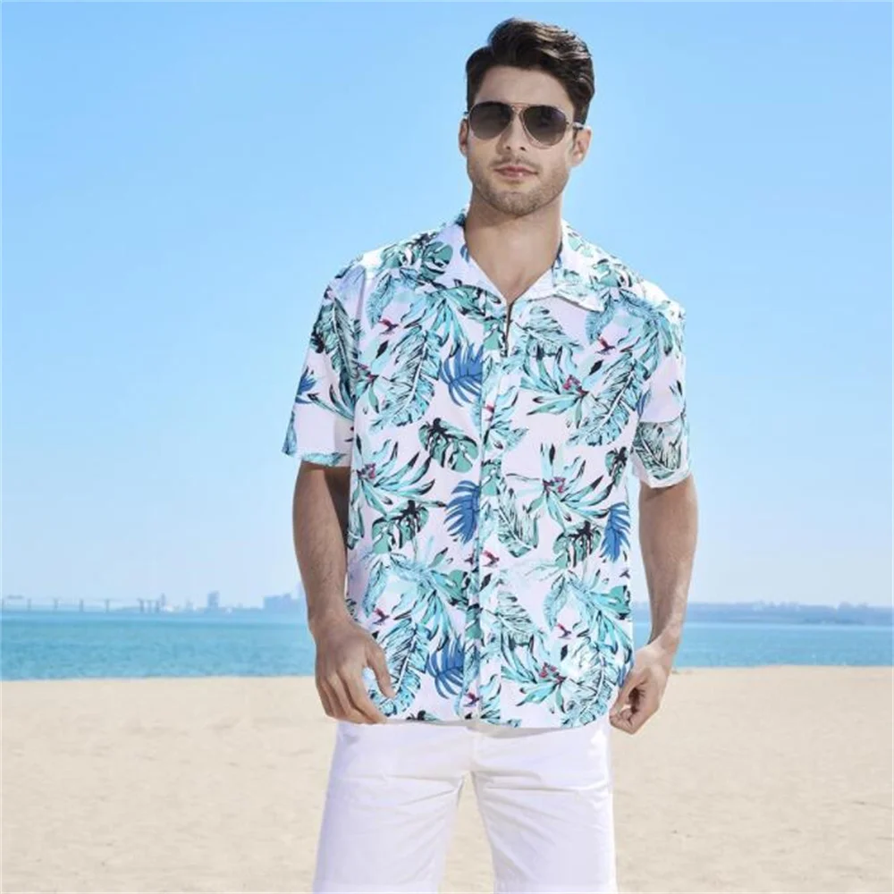 

Новинка 2023, брендовый мужской повседневный пляжный кардиган с отложным воротником, рубашка с коротким рукавом и цветочным принтом