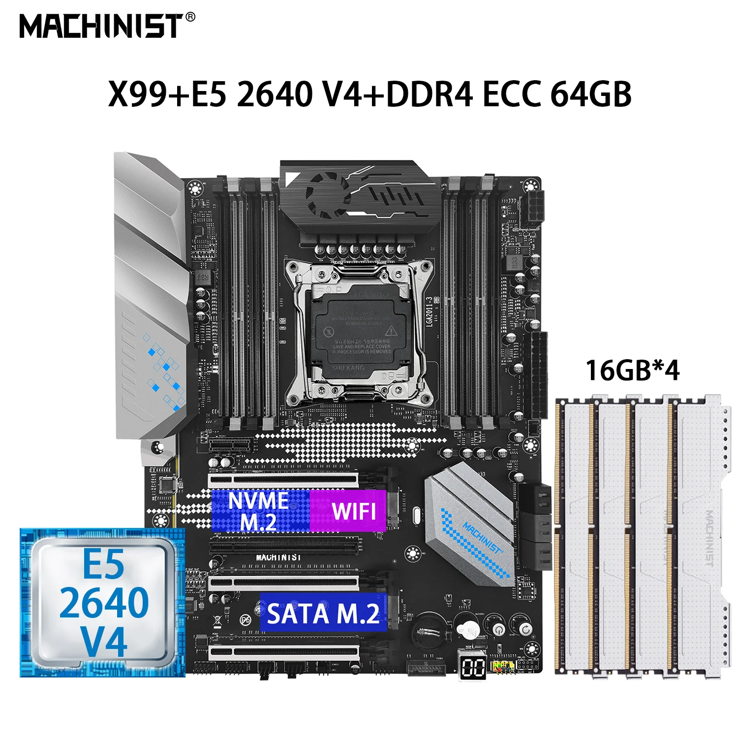 

MACHINIS X99 Motherboard Set LGA 2011-3 With Xeon E5 2640 V4 Processor And Memory Kit DDR4 ECC 64GB=4PCS*16GB RAM NVME WIFI MR9S