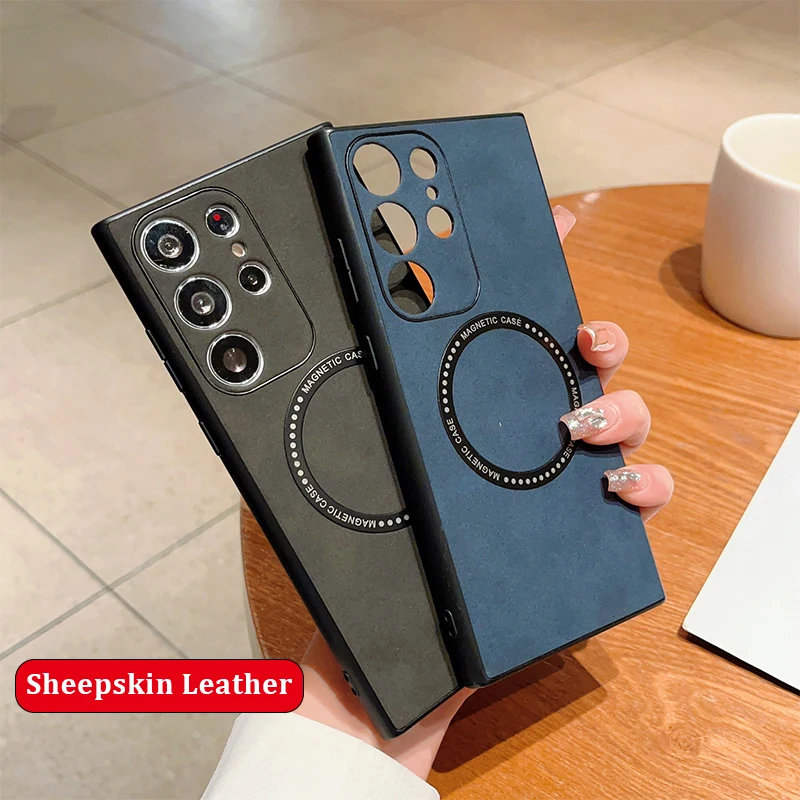 

Luxury Sheepskin Leather For Magsafe Case For Samsung Galaxy S23 Ultra S22 S21 FE Note 20 10 Plus Magnetic Shockproof Back Cover