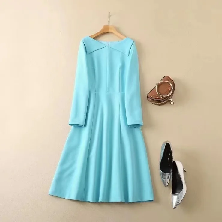 New European and American women's wear for winter 2022  Blue lapel with long sleeves  Fashion slim pleated dress XXL