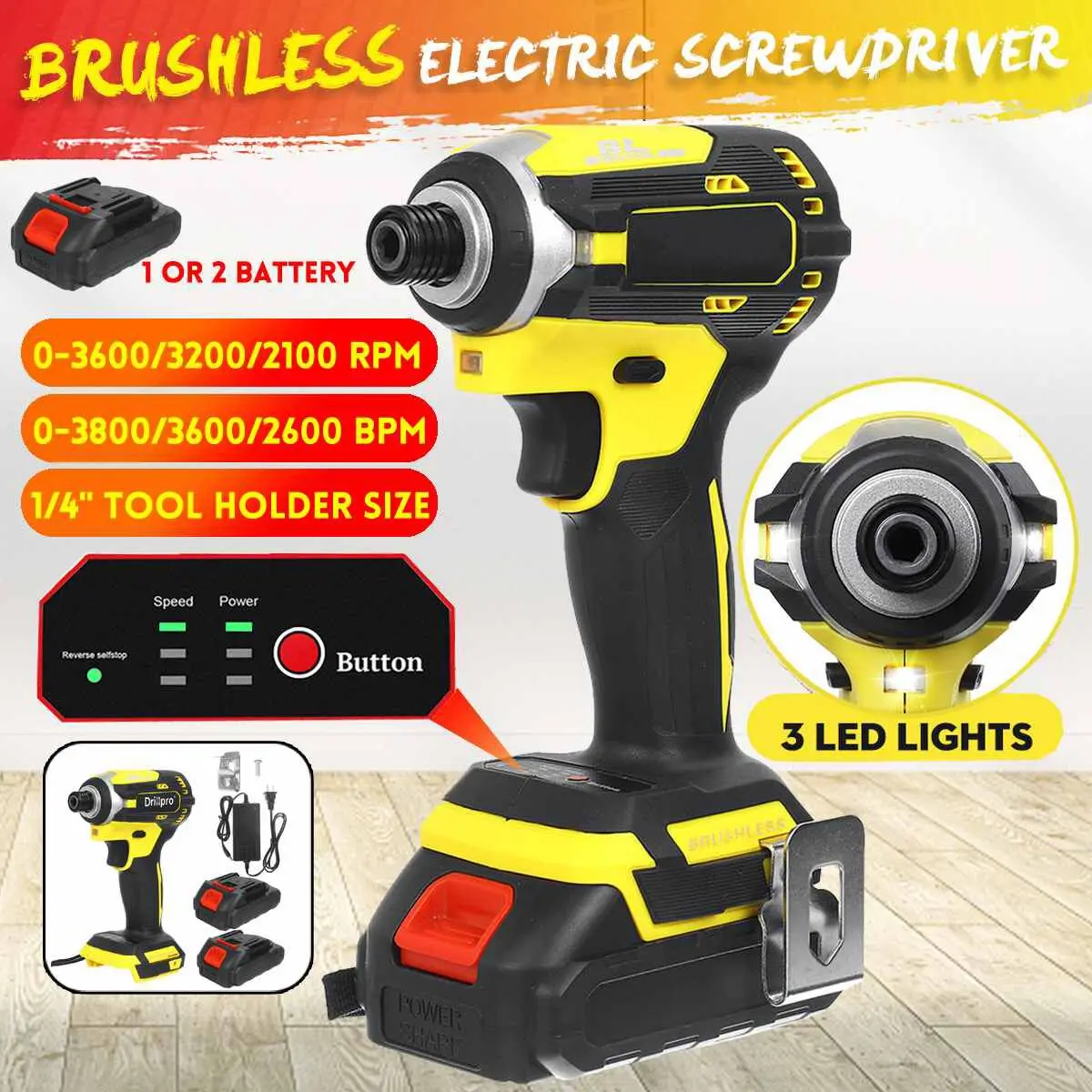 

Cordless Electric Screwdriver Speed 1/4 inch Brushless Wrench Rechargable Driver +3 LED Light 2 X Lithium-Ion Battery Power Tool