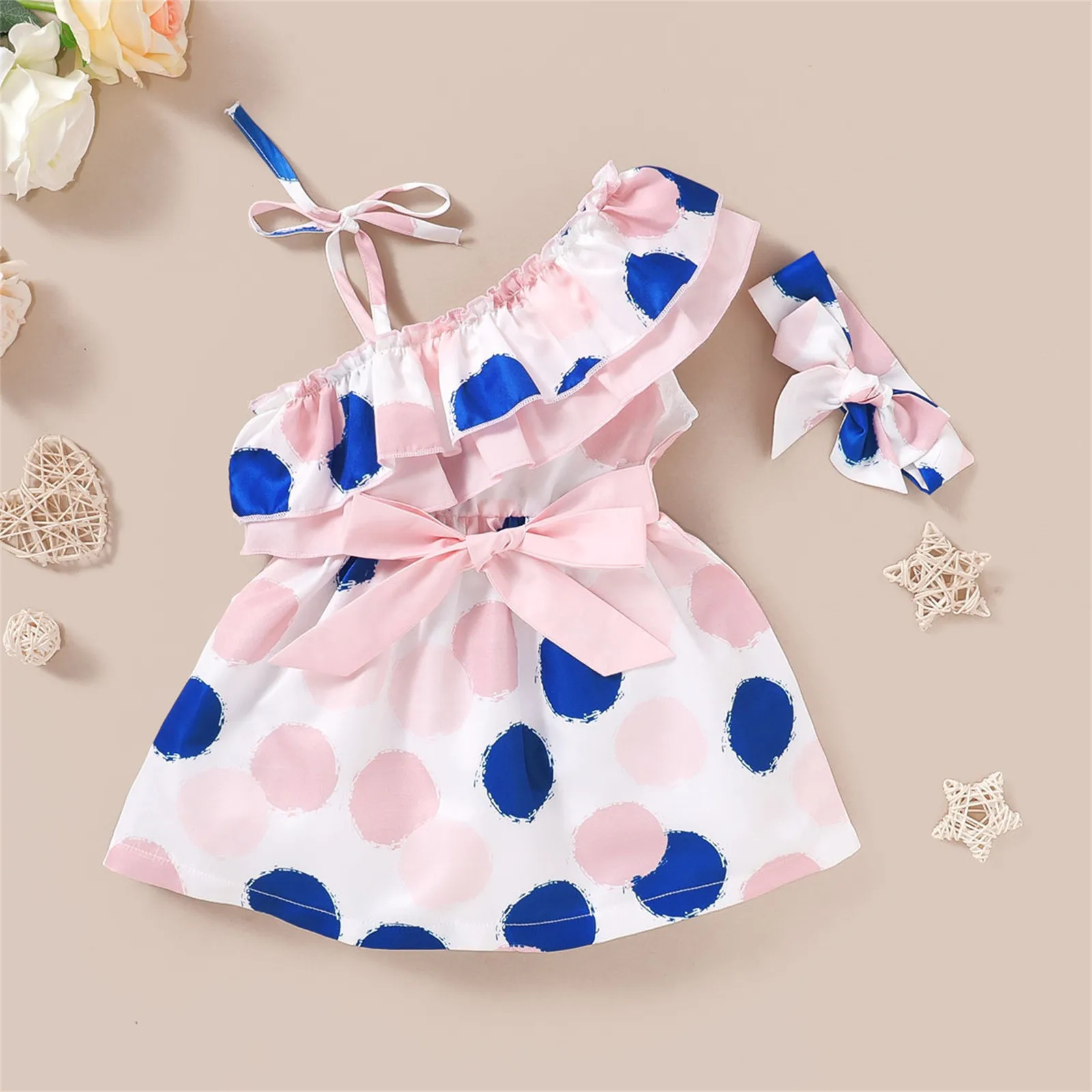 

1 2 3 4 Years Toddler Kids Girls Dress Summer Clothes Sleeveless Dots Print One Shoulder Dress With Hairband 2PCS Sets Outfits