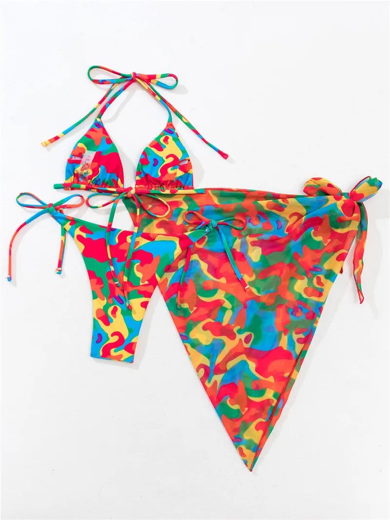 Женский купальник из 3 предметов необычный с графическим принтом треугольный