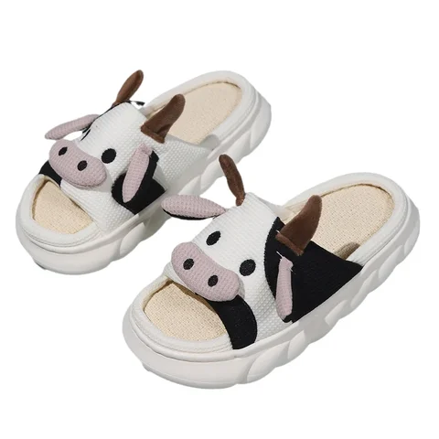 Летние Симпатичные тапочки с животными для женщин и девушек, пушистые тапочки для женщин, мультяшная обувь для дома молочной коровы, забавная обувь, женская обувь, 2023